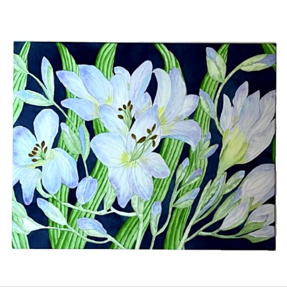 PAINTING WATERCOLOR ORIGINAL ART FREESIA FLOWERS BLUE PURPLE 11X14 AND MAT 16X20